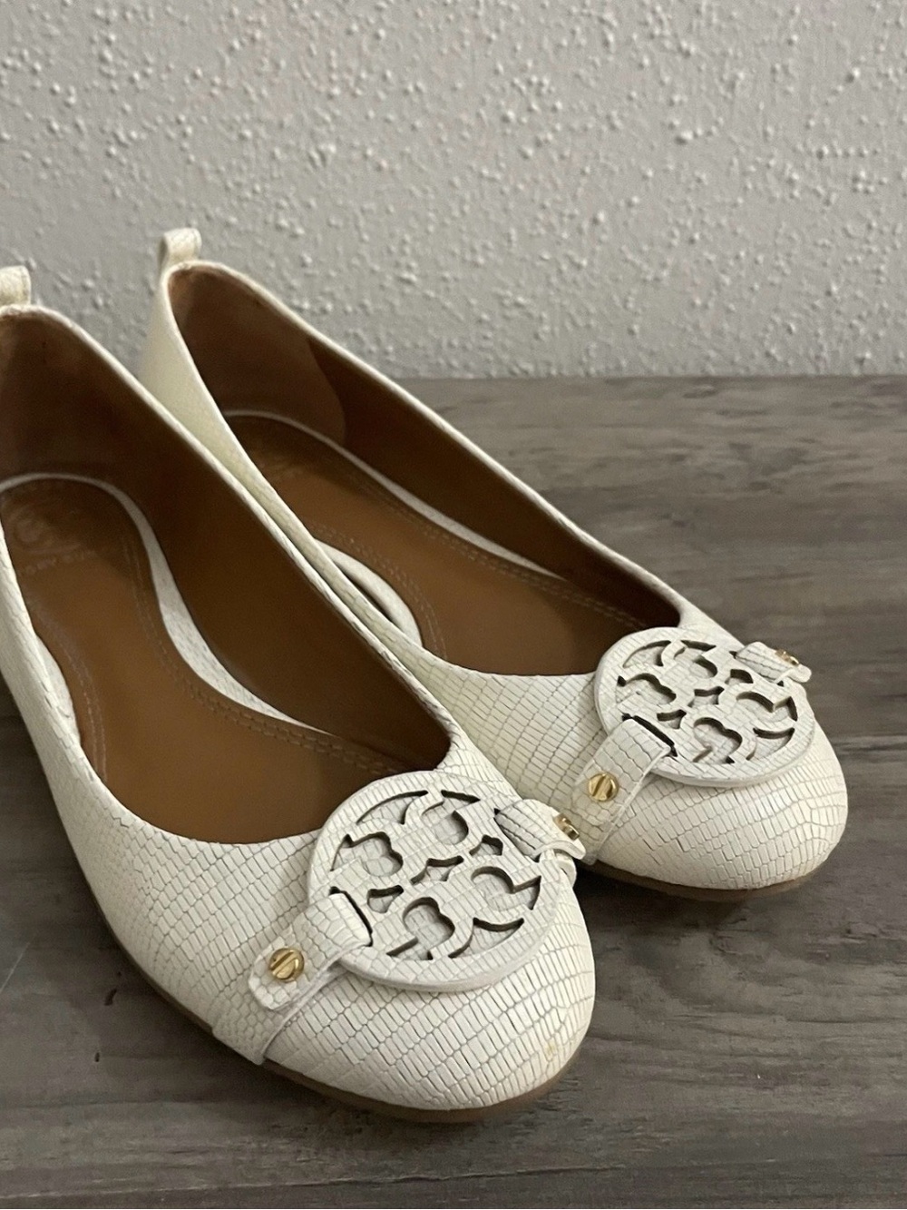Tory Burch White Textured Logo Ballet Flats